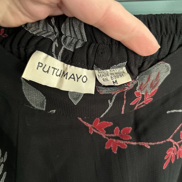 Putumayo Maxi Skirt Medium Dark Romantic Black Leaves Elastic Waist Grunge Fairy - Picture 6 of 13